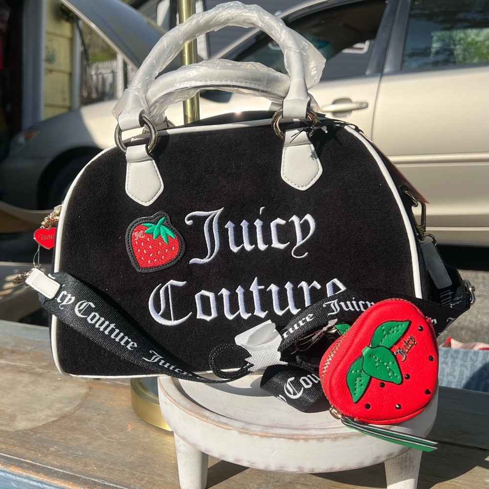 Juicy Couture Sweet N Juicy Strawberry Black Liquorice Terry Crossbody Satchel